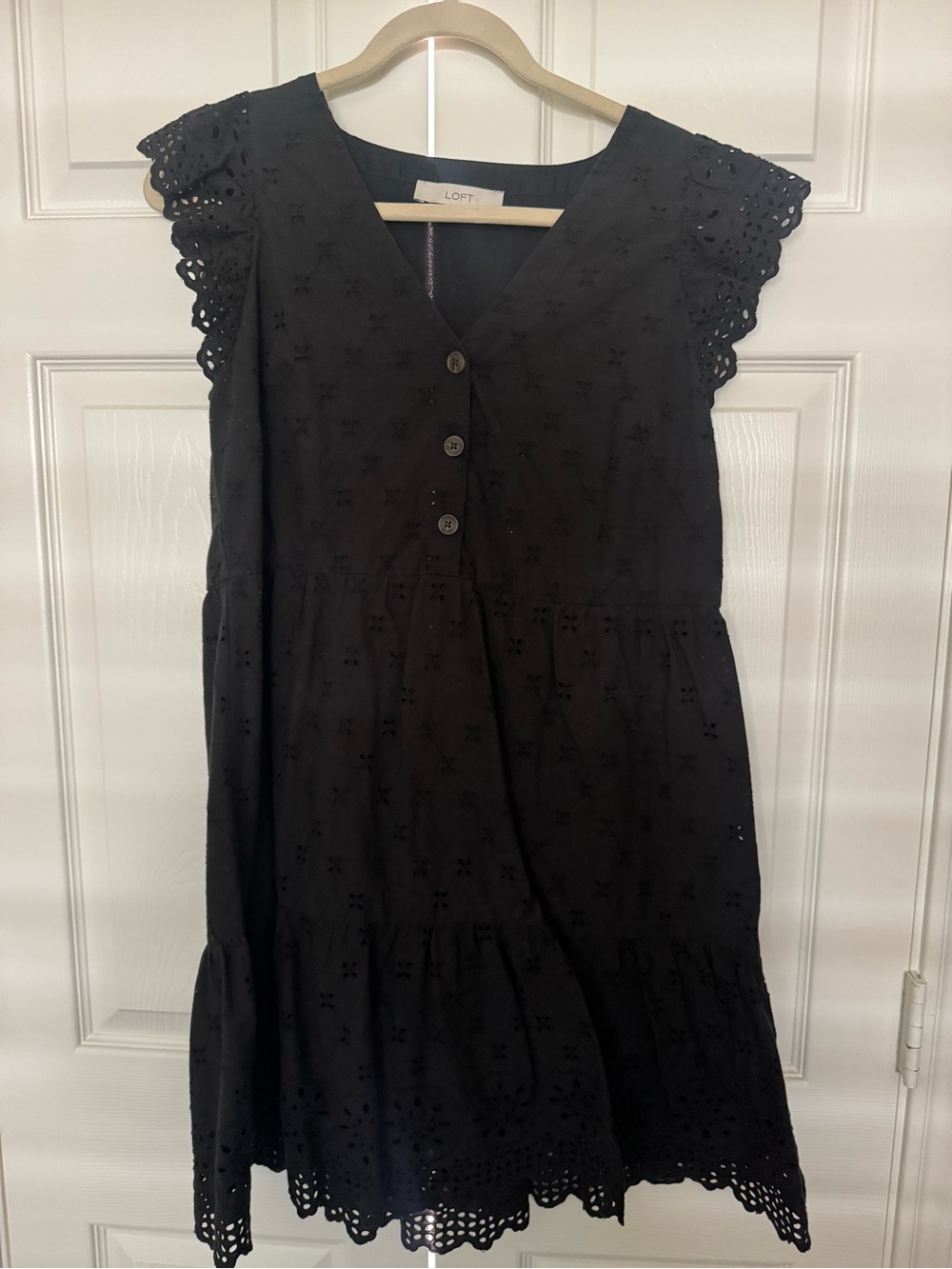 LOFT Black Eyelet V-Neck Tiered Mini Dress